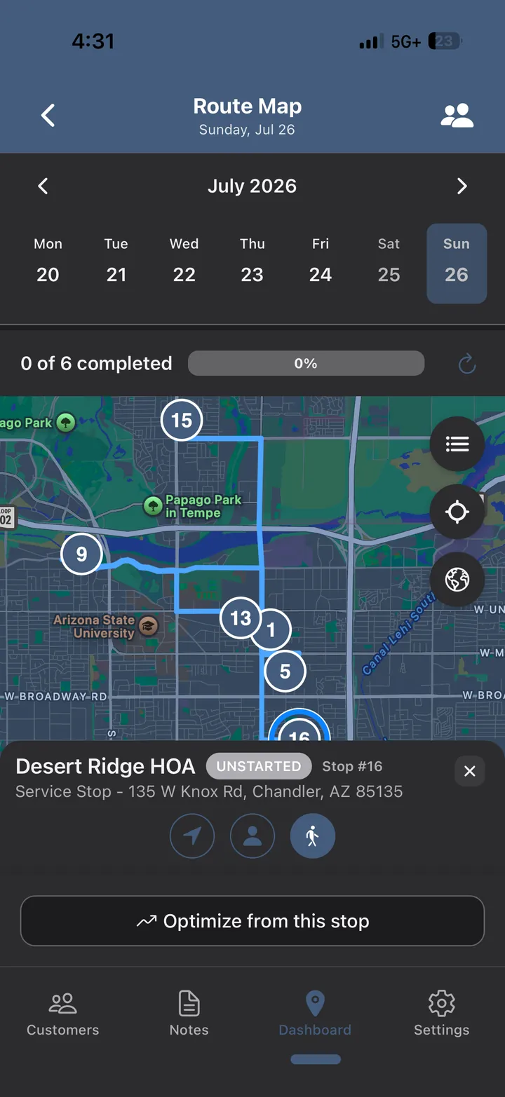 Route map with numbered stops and an optimize-from-this-stop action.