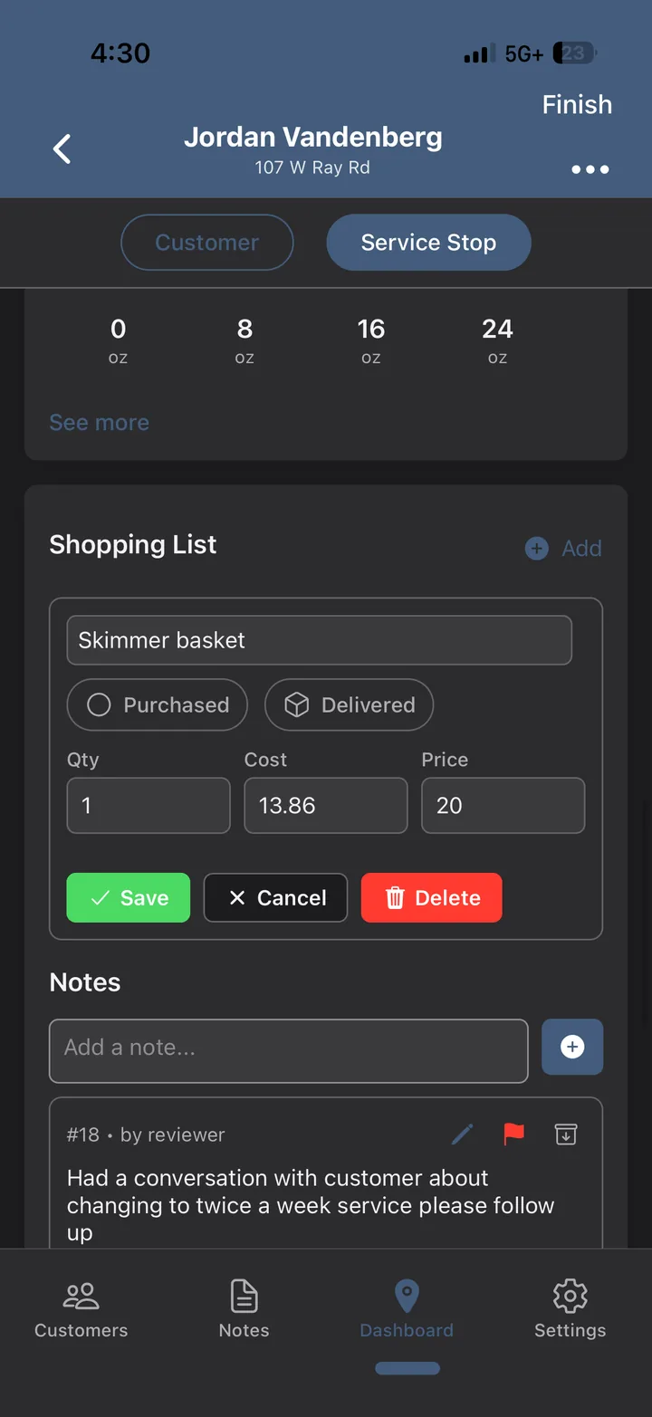 A shopping item captured with quantity, cost and customer price at the stop.
